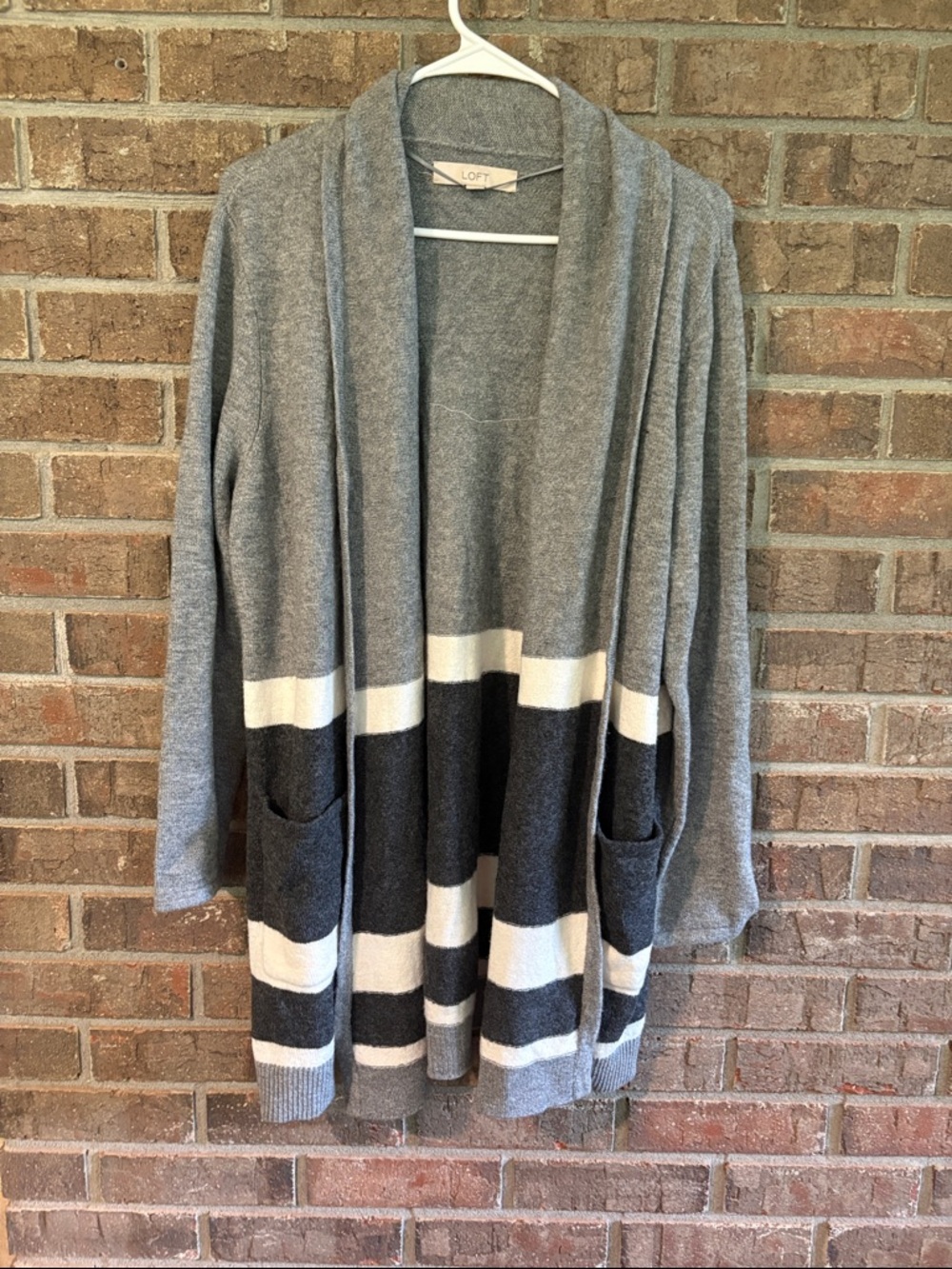 LOFT Gray, Charcoal & Cream Striped Open Cardigan